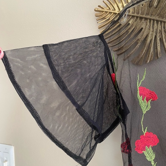 Haute Monde Black Sheer Top with Red Floral Embroidery - Picture 2 of 3
